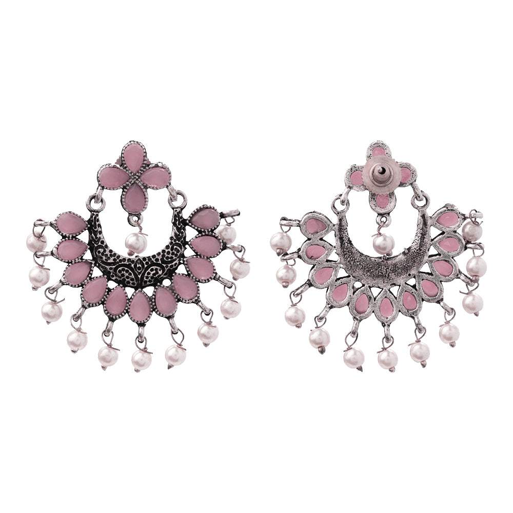 Baby Pink Stone Studded Statement German Silver Dangler Earrings