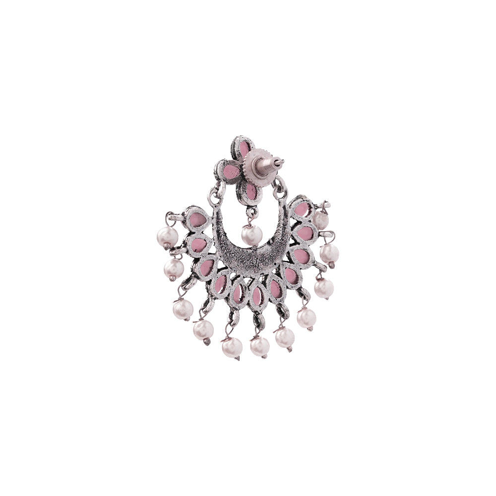 Baby Pink Stone Studded Statement German Silver Dangler Earrings