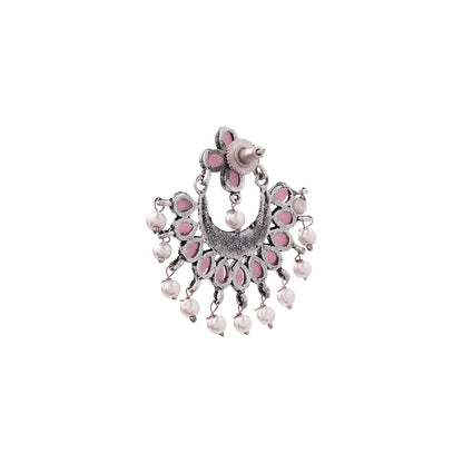 Baby Pink Stone Studded Statement German Silver Dangler Earrings