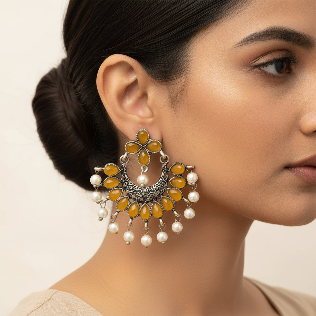 Yellow Stone Studded Statement German Silver Dangler Earrings