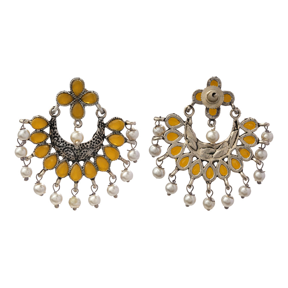Yellow Stone Studded Statement German Silver Dangler Earrings