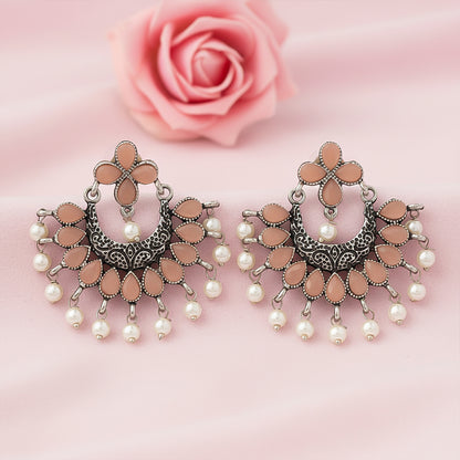 Light Orangish Stone Studded Statement German Silver Dangler Earrings