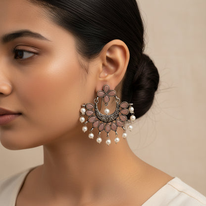 Light Orangish Stone Studded Statement German Silver Dangler Earrings