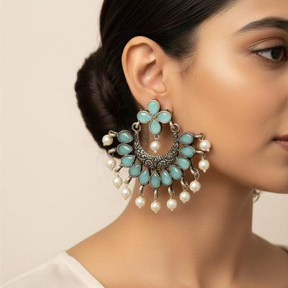 Mint Stone Studded Statement German Silver Dangler Earrings