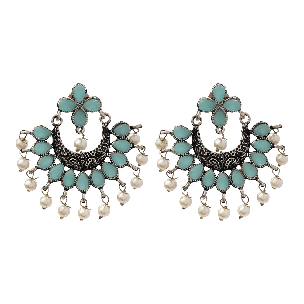 Mint Stone Studded Statement German Silver Dangler Earrings