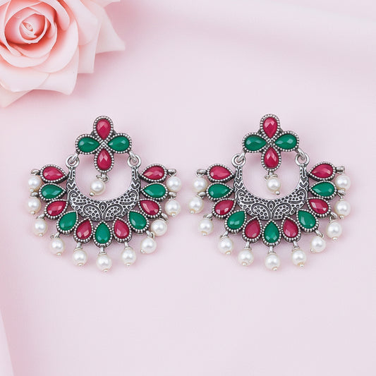 Multicolored Stone Studded Statement German Silver Dangler Earrings