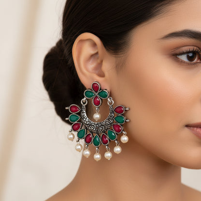 Multicolored Stone Studded Statement German Silver Dangler Earrings