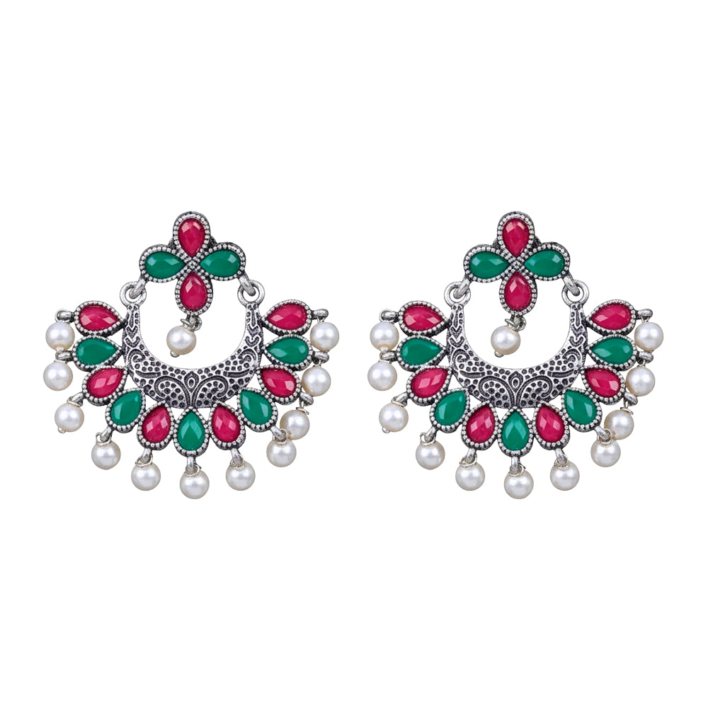 Multicolored Stone Studded Statement German Silver Dangler Earrings
