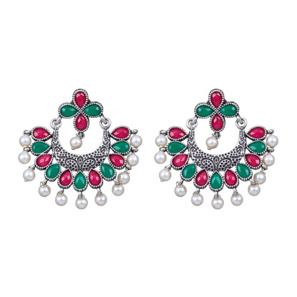 Multicolored Stone Studded Statement German Silver Dangler Earrings