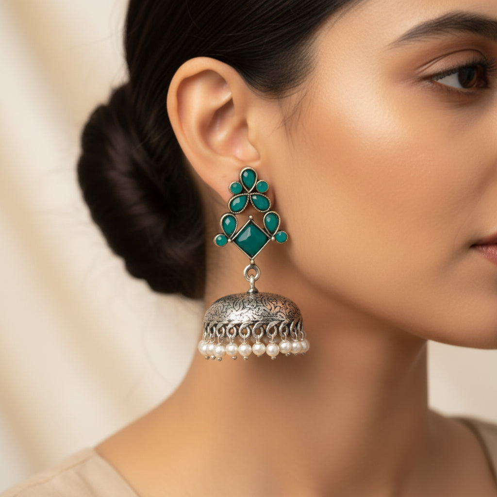 Dazzle Dome pral jhumki earrings (Green)