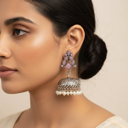 Dazzle Dome pral jhumki earrings (Baby Pink)