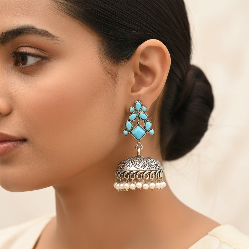 Dazzle Dome pral jhumki earrings (Sky Blue)