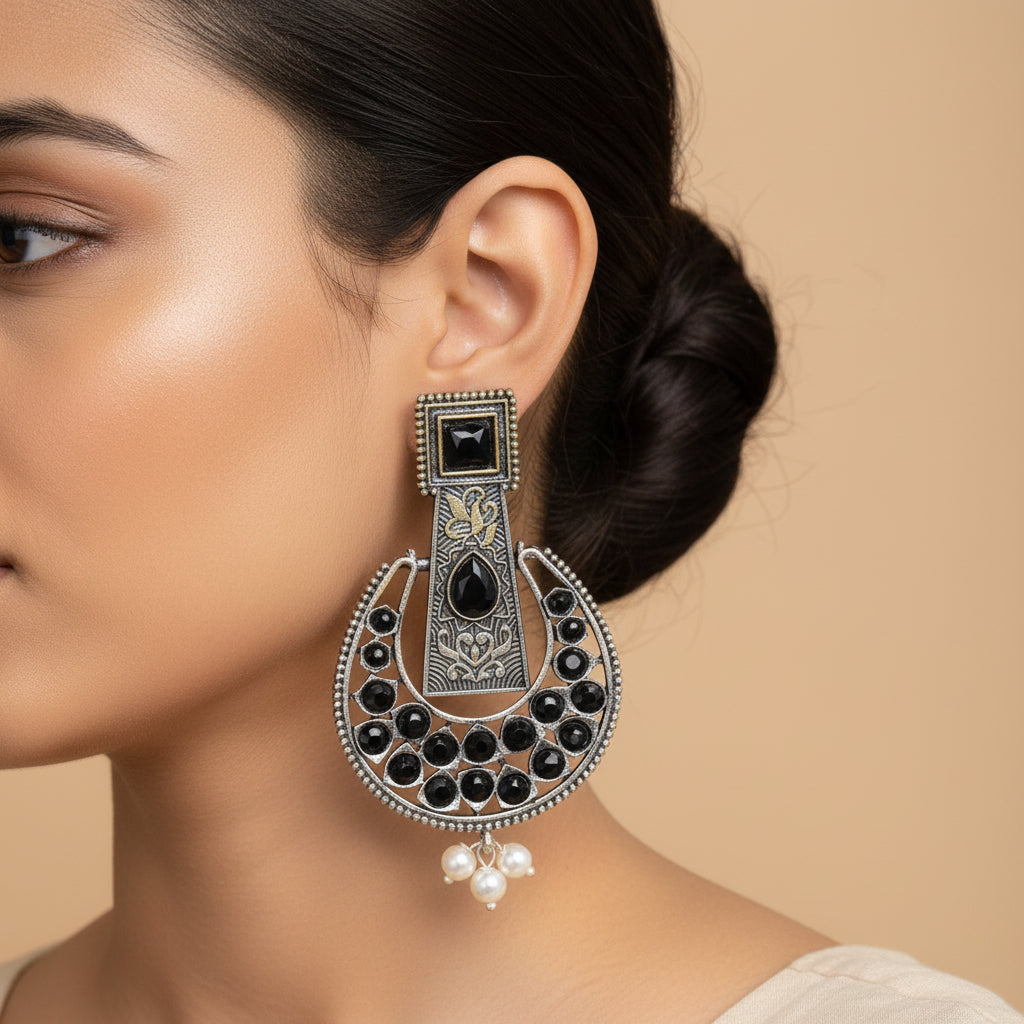 Moonfall stone studded dangler earrings (Black)