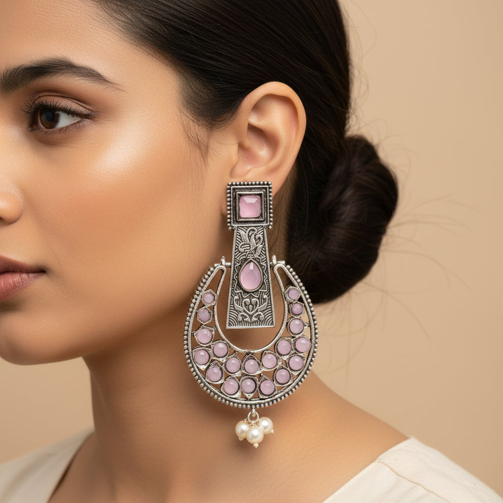 Moonfall stone studded dangler earrings (Baby Pink)
