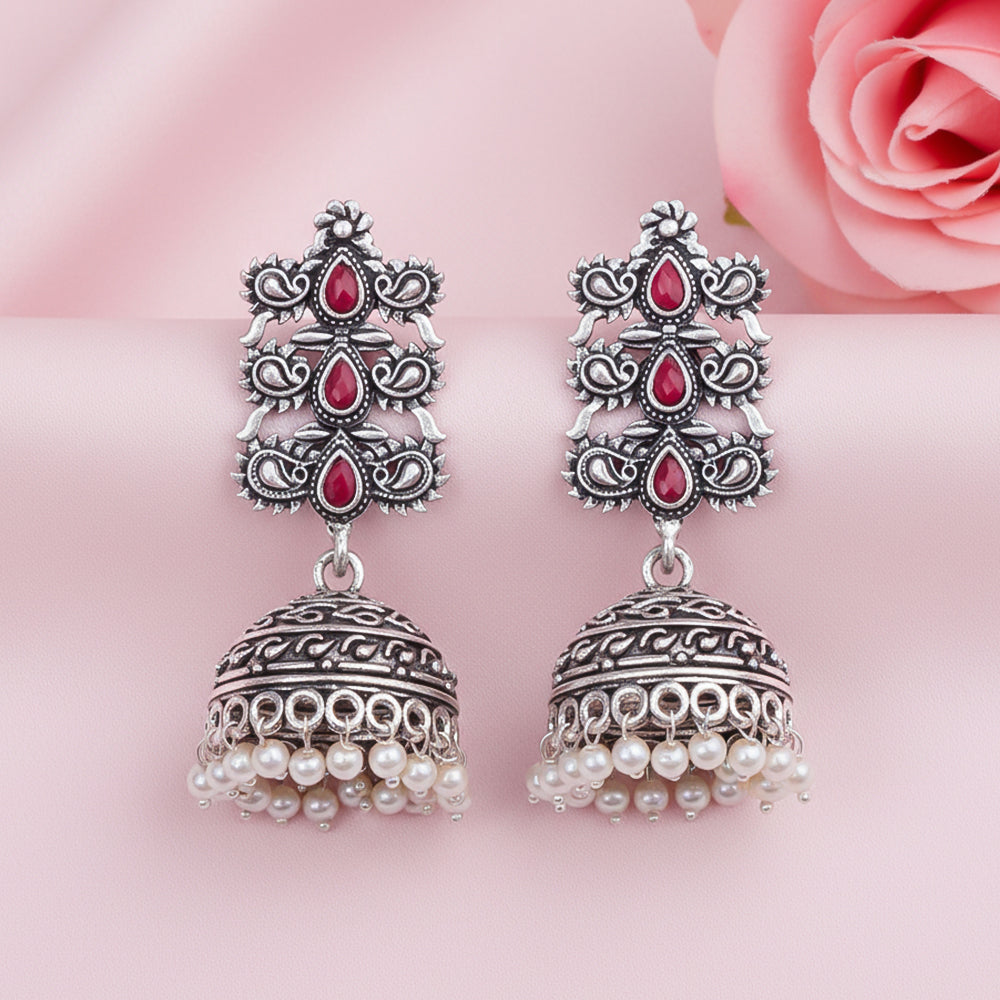 Sitara stone studded jhumki earrings (Red)