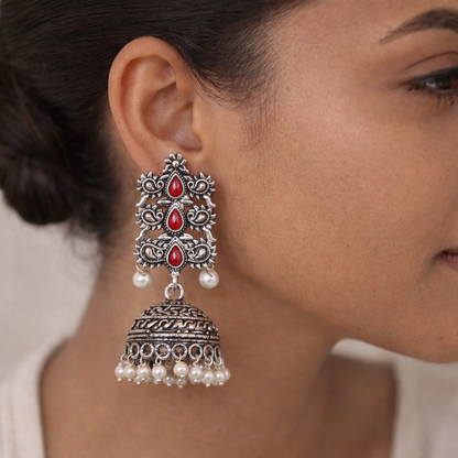 Sitara stone studded jhumki earrings (Red)