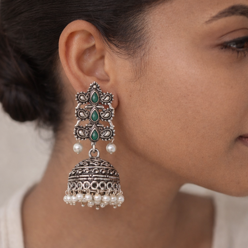 Sitara stone studded jhumki earrings (Green)