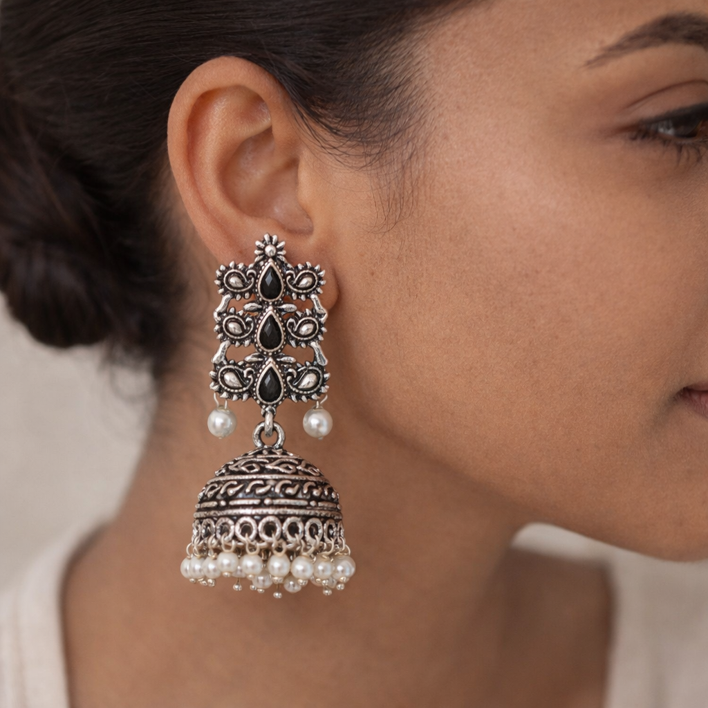 Sitara stone studded jhumki earrings (Black)