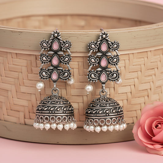 Sitara stone studded jhumki earrings (Baby Pink)