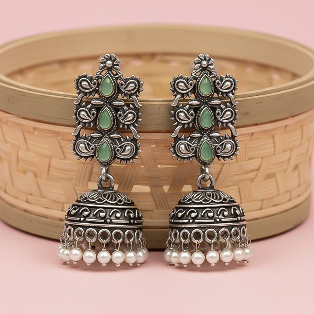 Sitara stone studded jhumki earrings (Pista)