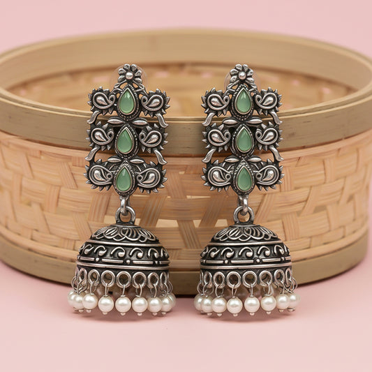 Sitara stone studded jhumki earrings (Pista)