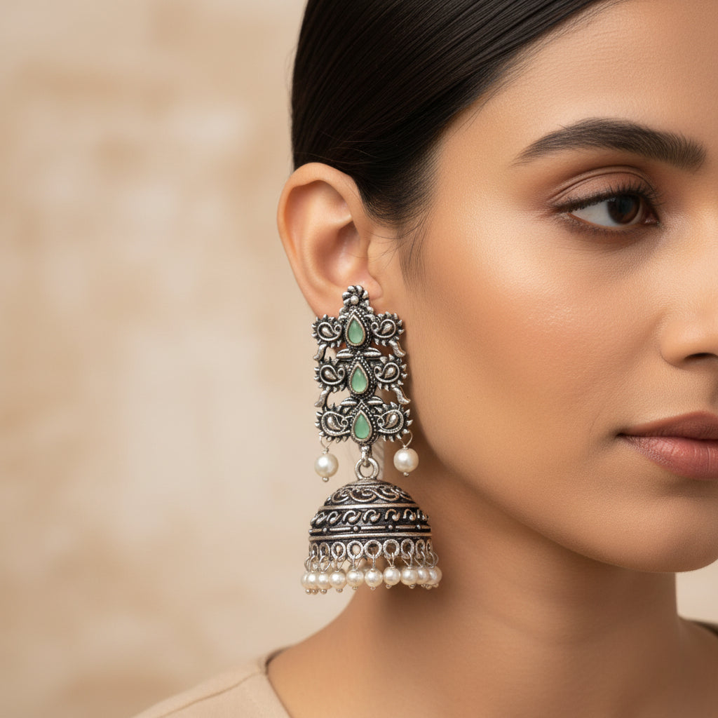 Sitara stone studded jhumki earrings (Pista)
