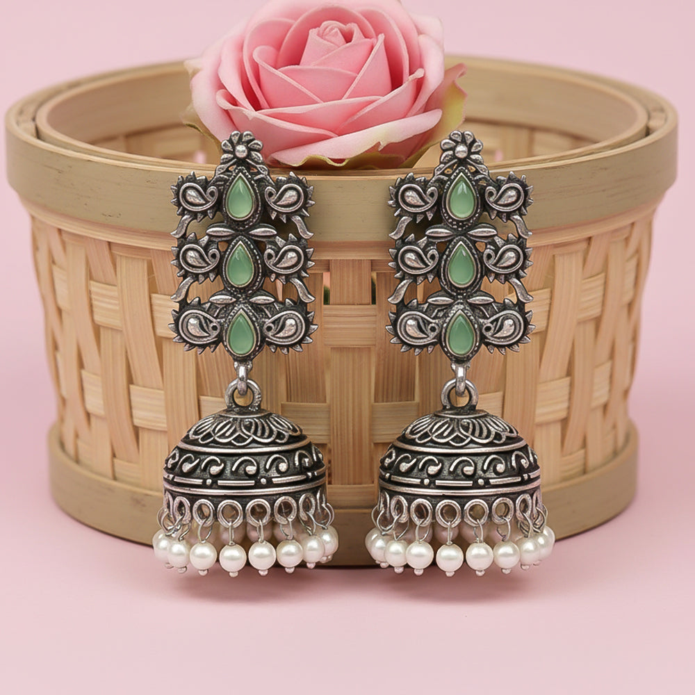 Sitara stone studded jhumki earrings (Pista)