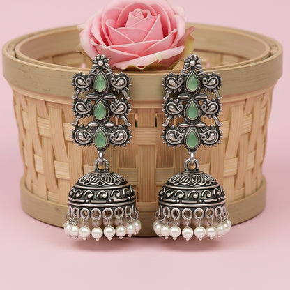 Sitara stone studded jhumki earrings (Pista)