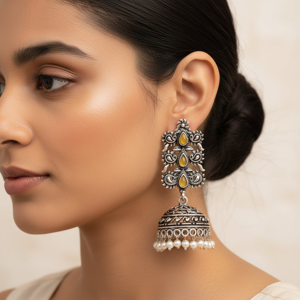 Sitara stone studded jhumki earrings (Yellow)