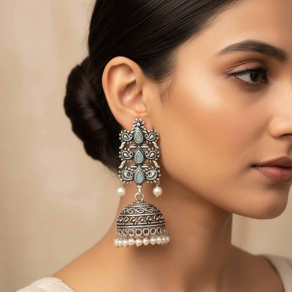 Sitara stone studded jhumki earrings (Mint)