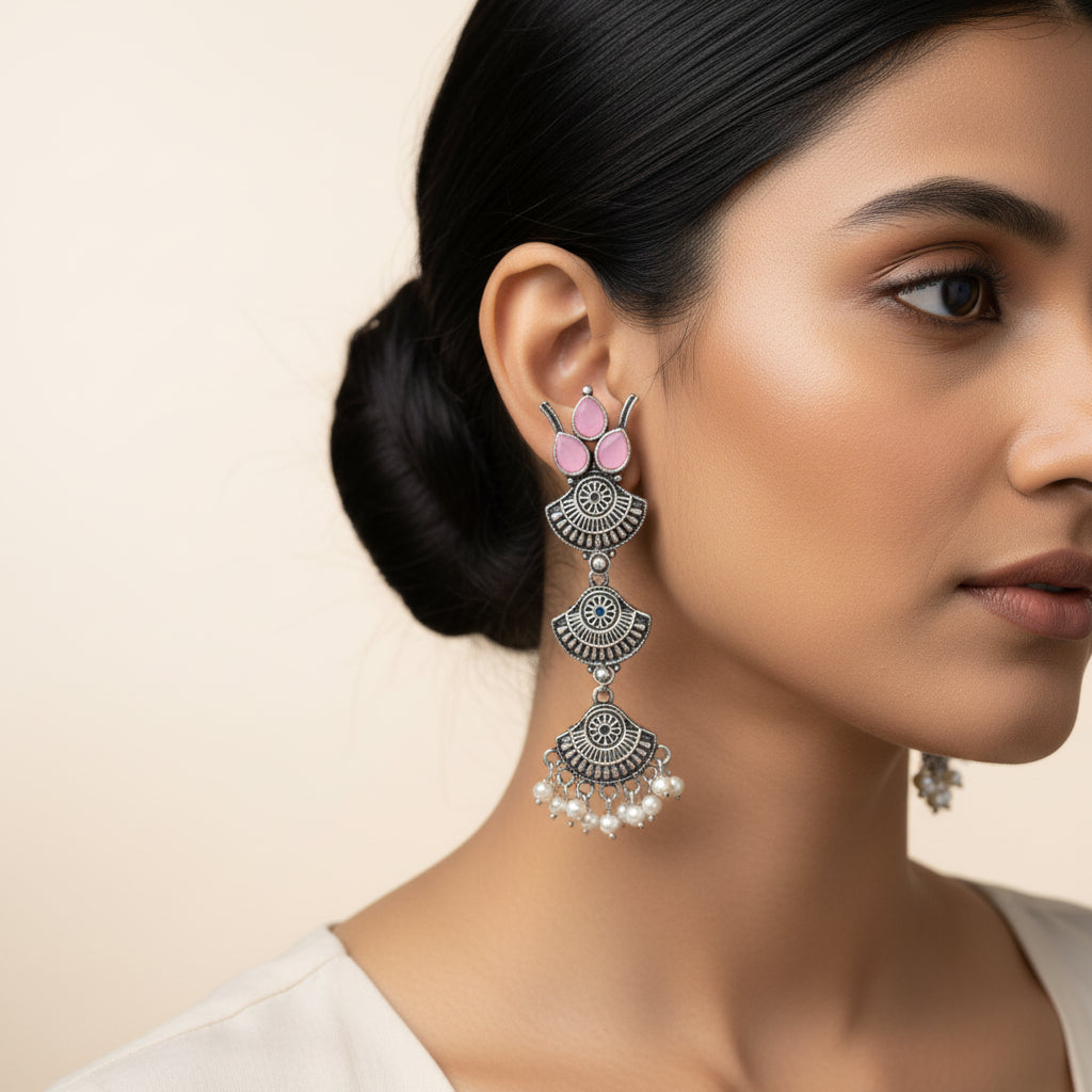 Raindrop strings oxidezed danglers (Baby Pink)