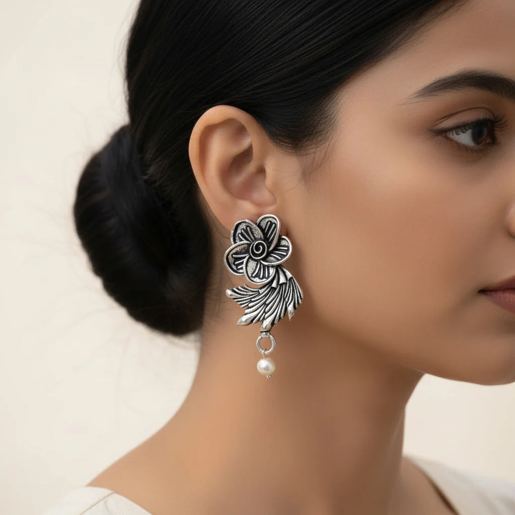 Kalash Kamal earring  Floral Swirl stud earrings (Silver) Combo set