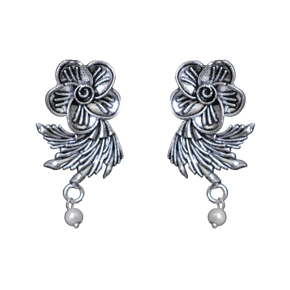 Royal Triple Bell Layered Jhumka Earring (Black) Floral Swirl stud earrings (Silver) Combo set