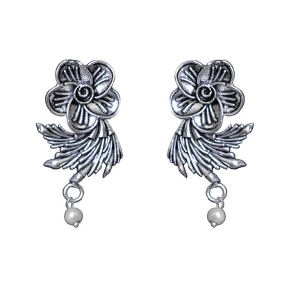 Royal Triple Bell Layered Jhumka Earring (Black) Floral Swirl stud earrings (Silver) Combo set