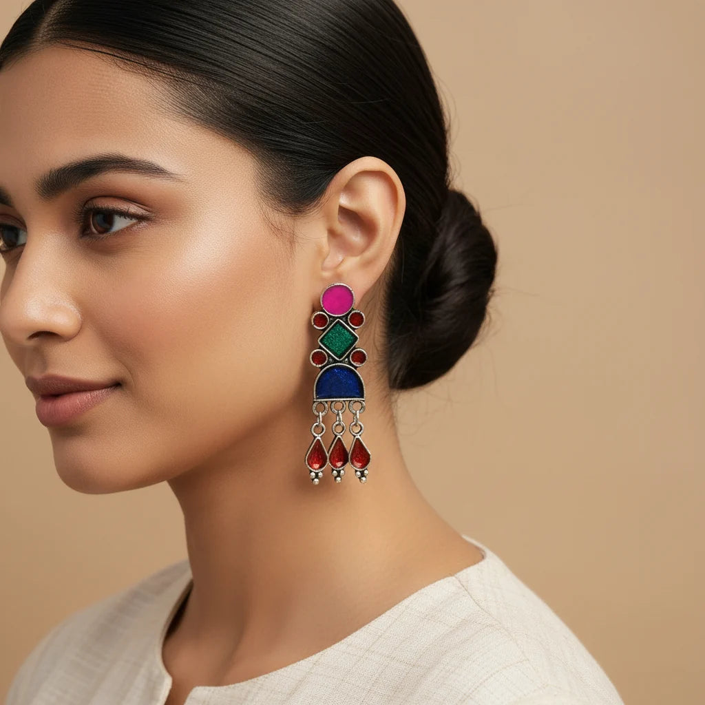 Kalash Kamal earring  Rainbow rhine dangler earrings (Multicolored) Combo set