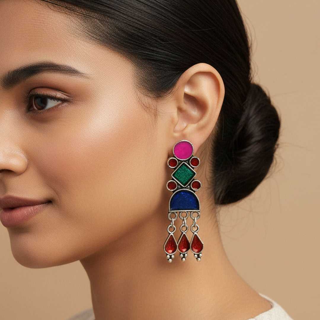 Royal Triple Bell Layered Jhumka Earring (Black) Rainbow rhine dangler earrings (Multicolored) Combo set