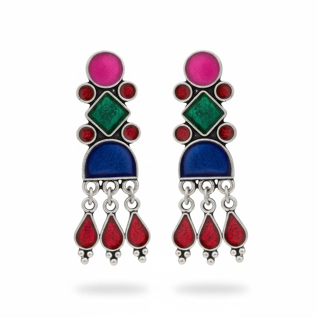 Royal Triple Bell Layered Jhumka Earring (Black) Rainbow rhine dangler earrings (Multicolored) Combo set