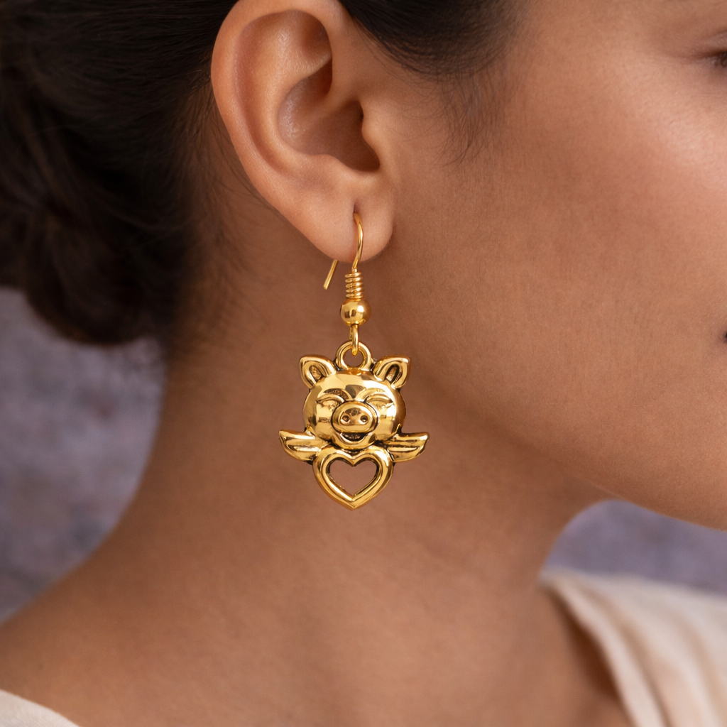 Carved Charm Dangler earrings &  Oink Oink dangler earrings Combo set