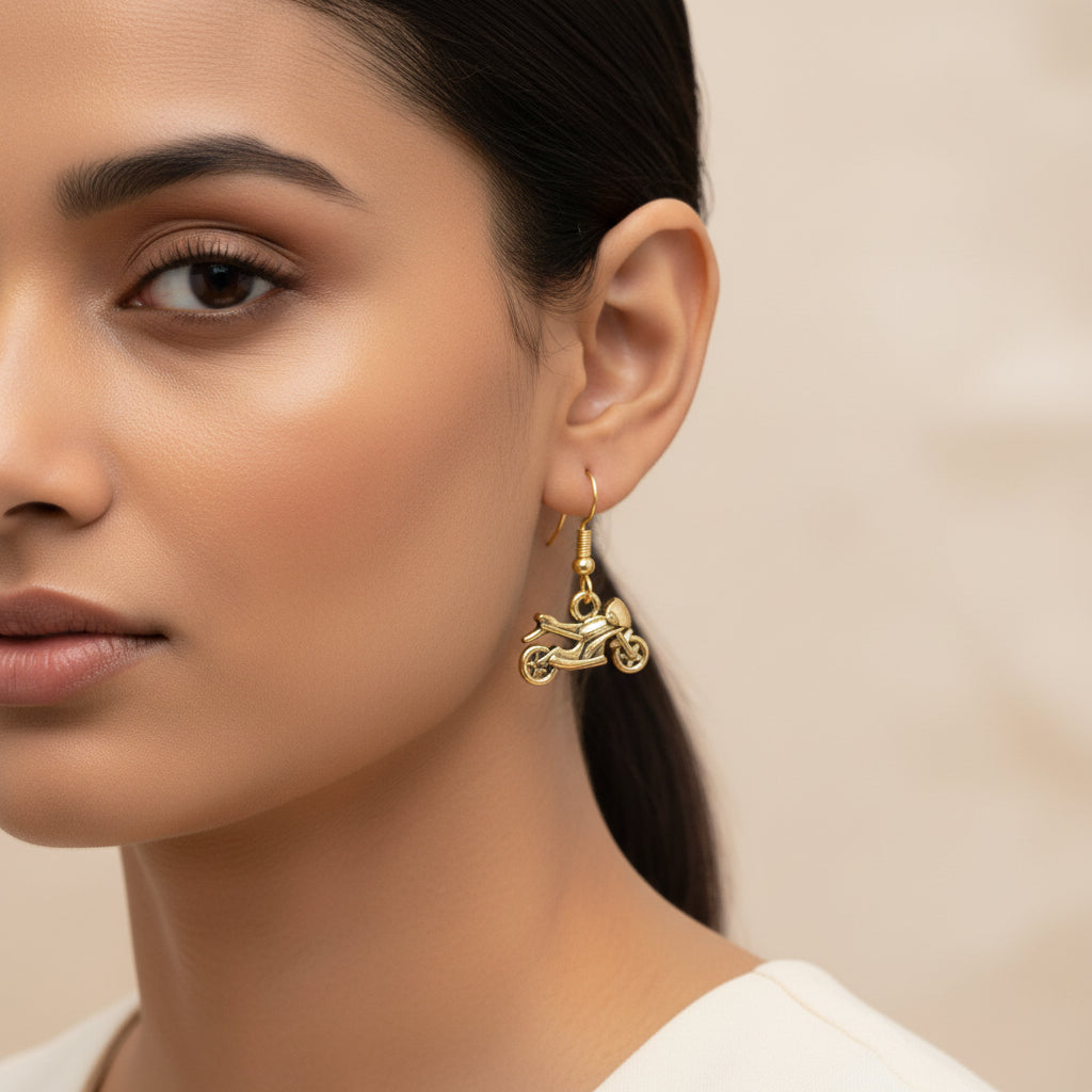 Kalash Kamal Jhumka earring (Light Orange)&Sports Bike Shaped Golden Polished Oxidised Danglers Combo set