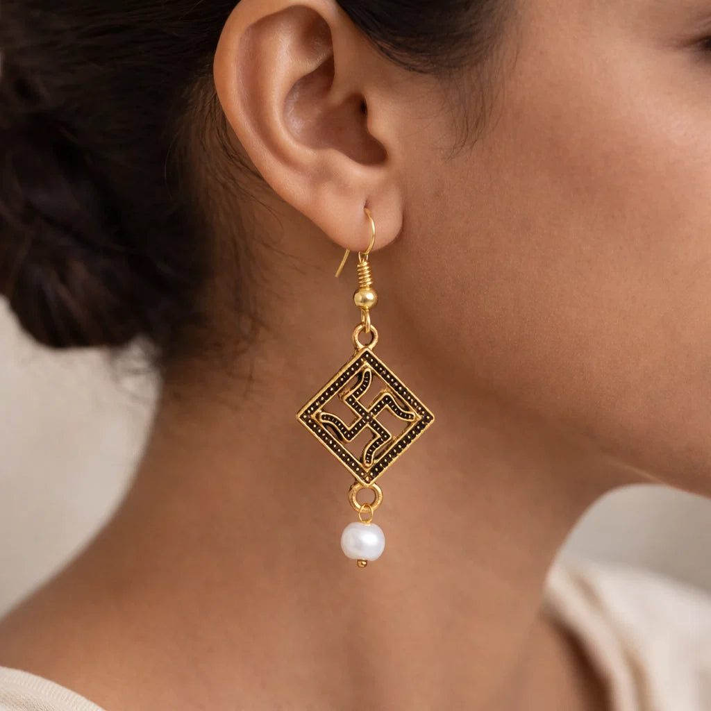 Kalash Kamal earring (Light Orange) Swastik shaped dangler earrings Combo set