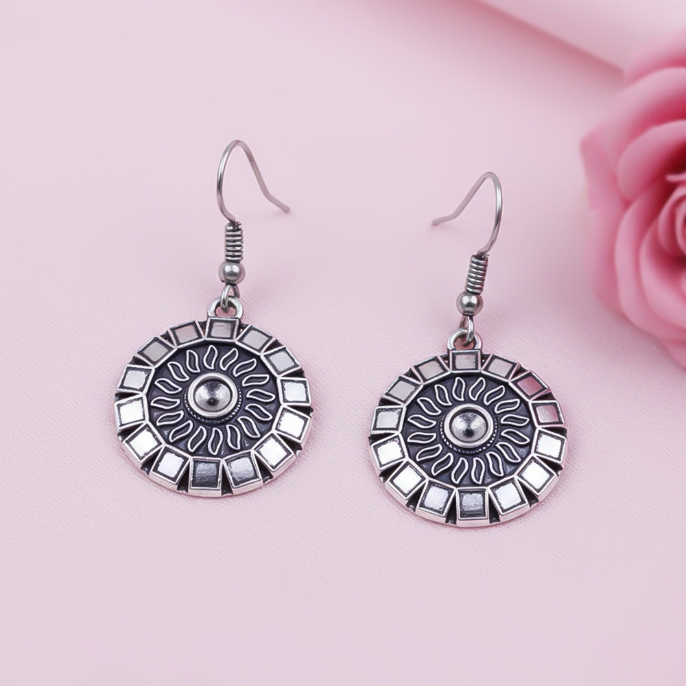 Sunrise Shaped Silver Polished Oxidised Danglers