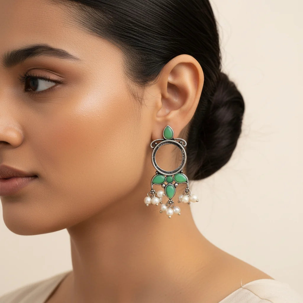 Peacock glow stone studded dangler earrings & Loop dot stud earrings Combo set