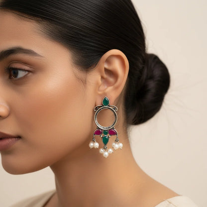 Peacock glow stone studded dangler earrings & Loop dot stud earrings Combo set