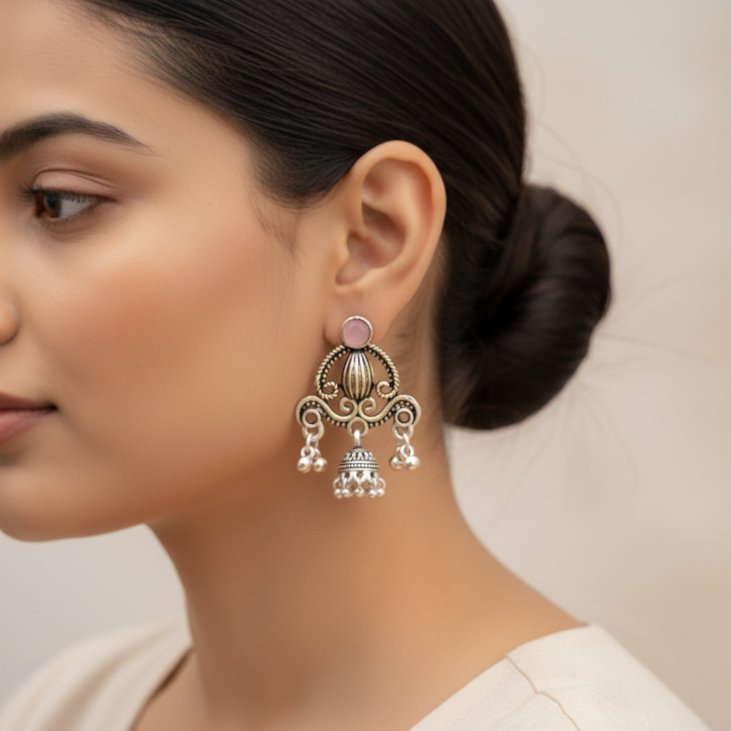 Swirly strings jhumki earrings (Baby Pink)