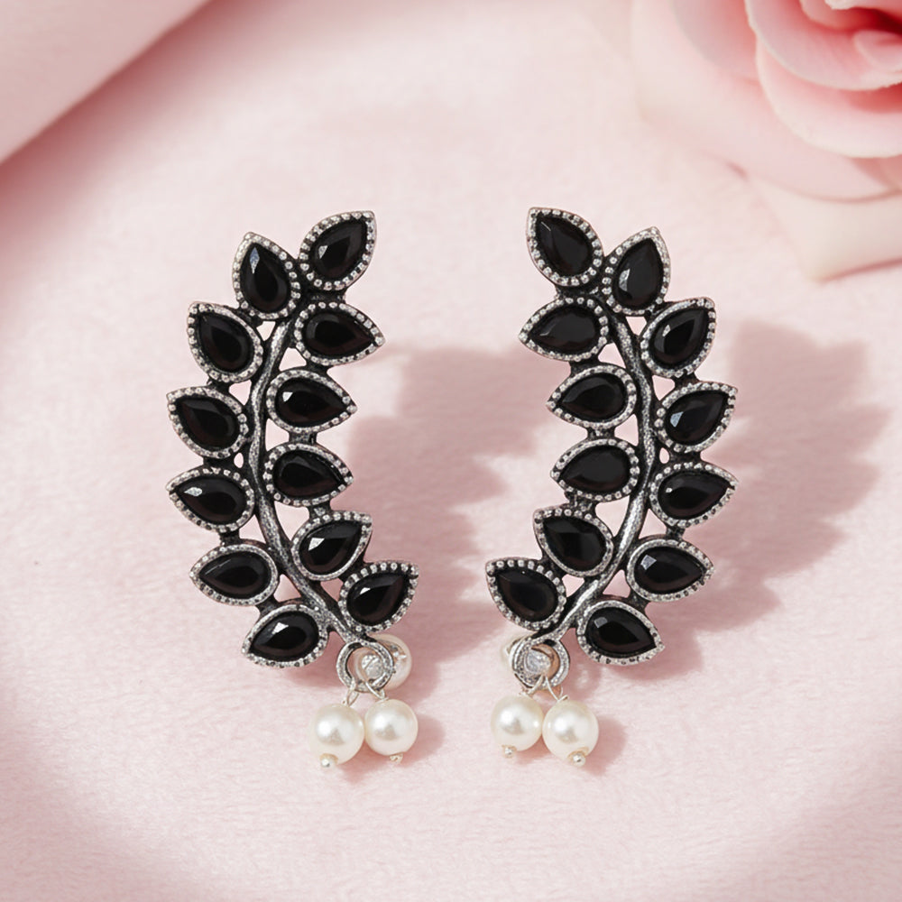 Flower frame stud earrings (Black)