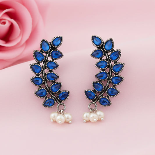 Flower frame stud earrings (Blue)