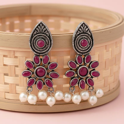 Drew flower pearl stud earrings (Red)