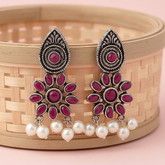 Drew flower pearl stud earrings (Red)