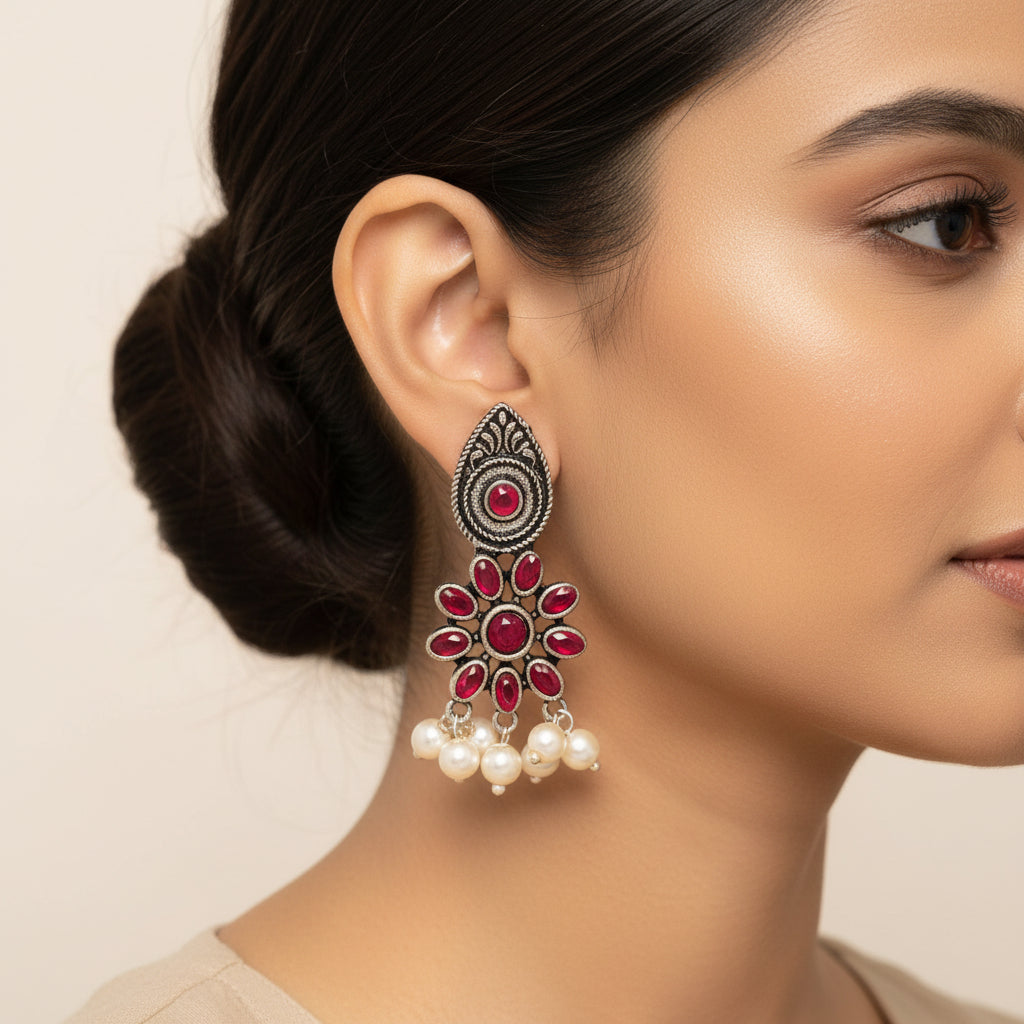 Drew flower pearl stud earrings (Red)