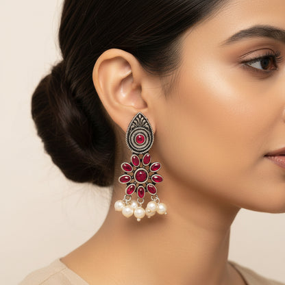 Drew flower pearl stud earrings (Red)